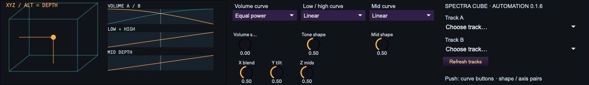 Current Spectra Cube Automation interface with XYZ cube, three response graphs, full-name curve menus, shape knobs and track selectors